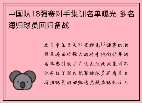 中国队18强赛对手集训名单曝光 多名海归球员回归备战 中国队18强赛对手集训名单曝光 多名海归球员回归备战